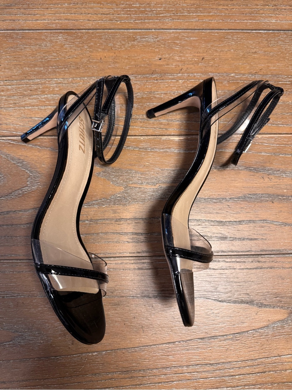 SCHUTZ Black Patent Ankle-Strap Heels with Clear Toe Panel - Picture 3 of 8